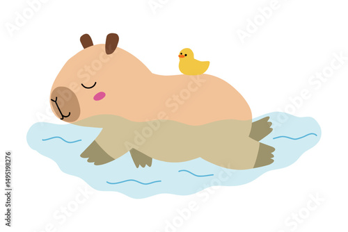 Cute cartoon capybara swimming floating in water with rubber duck. Kawaii friendly capybara character. T-shirt print, sticker. Stock vector illustration isolated on white background.