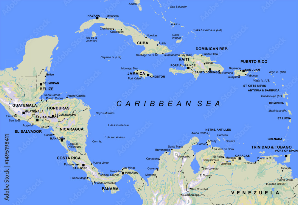 Obraz premium Vector geographical world map. Fragment of american continent with cuba, haiti, panama canal, caribbean sea, dominican republic, puerto rico, jamaica, venezuela, guatemala. Central america terrain.
