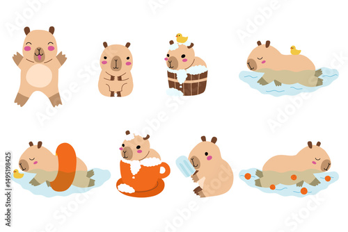 Obraz na plátně Cute cartoon capybara swimming with rubber duck, capybara in tub, summer capybara with ice cream set