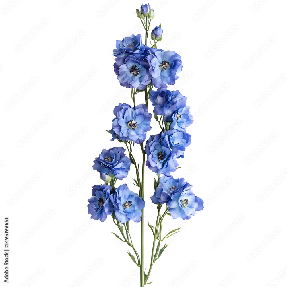 Blue delphinium flower stem with multiple blossoms isolated on transparent background Blue delphinium flower stem with multiple blossoms isolated on transparent background