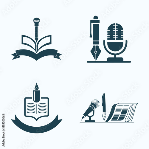 Podcast Journalism Education Logo Icons Vector Illustration.