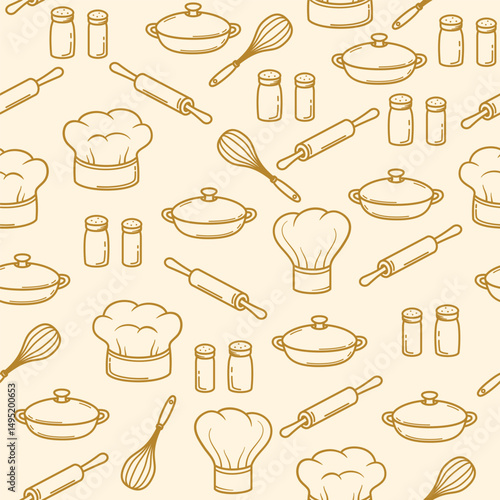 Culinary Chef and Kitchen Tools Seamless Pattern in Outline Style