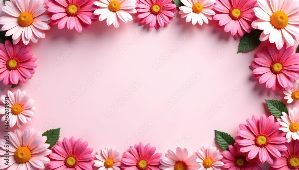 Pink floral frame with daisies & roses, empty center , bloom, floral arrangement, flowers Pink floral frame with daisies & roses, empty center , bloom, floral arrangement, flowers