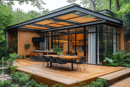 Modern Wooden House with Glass and Steel Exterior, Spacious Deck and Lush Garden