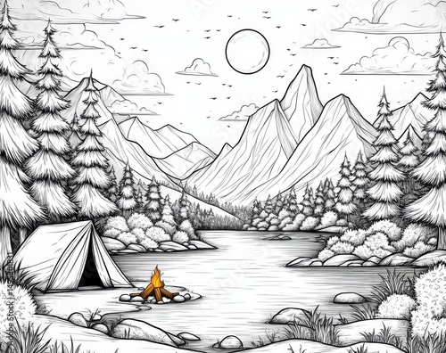 Monochrome Mountain Lake Campsite Illustration