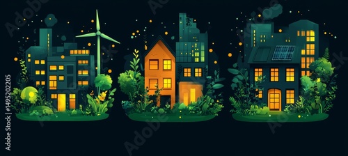 Night Cityscape with Green Spaces and Illuminated Buildings