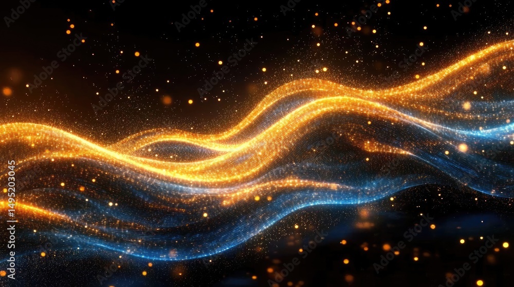 Fototapeta premium Glowing blue and gold particle wave abstract background