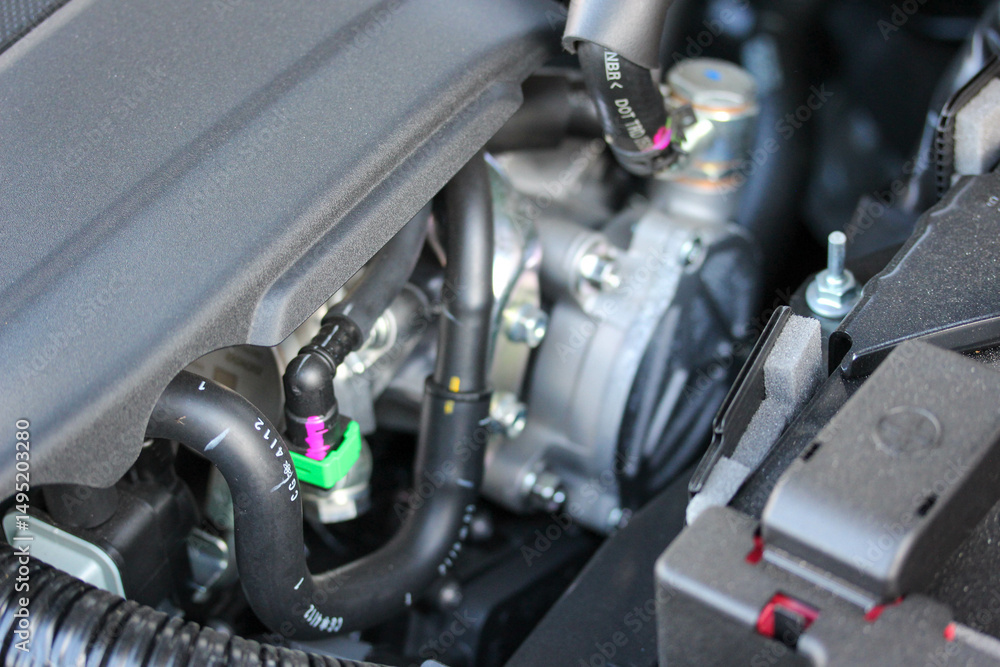 Close up details of a modern vehicle engine Close up details of a modern vehicle engine