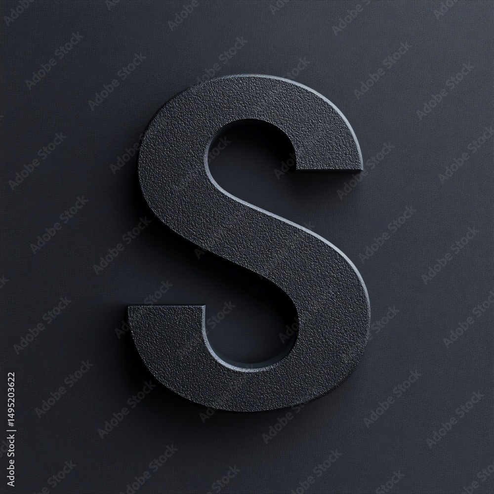 Metallic dark 3d letter s gleaming against textured black surface, highlighting sharp dimensional design with reflective sheen Metallic dark 3d letter s gleaming against textured black surface, highlighting sharp dimensional design with reflective sheen