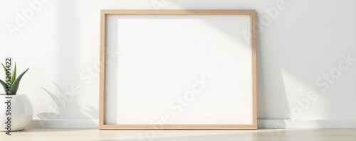 Clean wooden frame against a bright white wall Perfect for art display , home decor, rustic