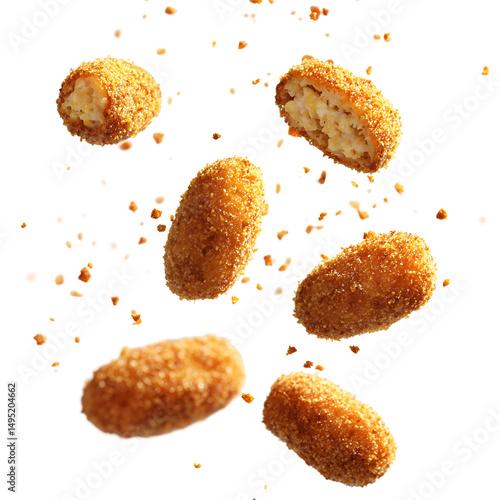 Floating croquettes bursting with filling golden isolated on transparent background