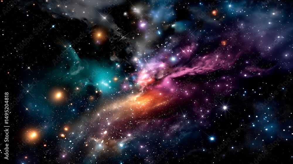 宇宙の神秘を描いた幻想的な銀河と星雲ののイラスト。サムネイルに最適な背景素材 宇宙の神秘を描いた幻想的な銀河と星雲ののイラスト。サムネイルに最適な背景素材