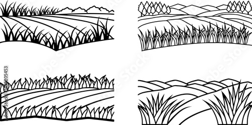 Set of rice field outline vector illustration, coloring book page