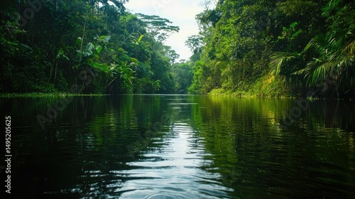 The dark waters of the Rio Negro in Anavilhanas reflecting the dense green jungle and the occasional movement of wildlife.
