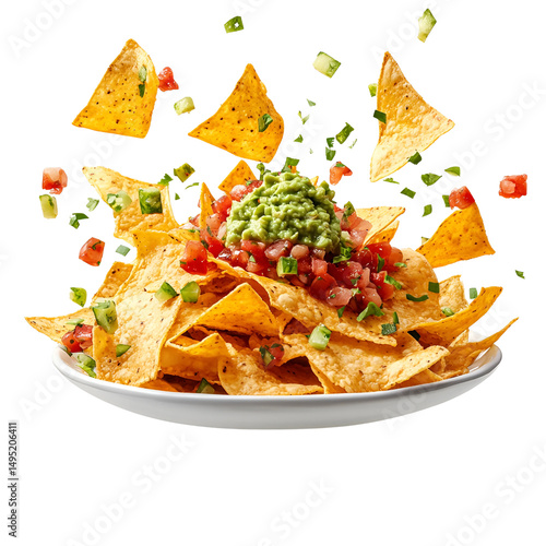 Floating plate of nachos deconstructed isolated on transparent background