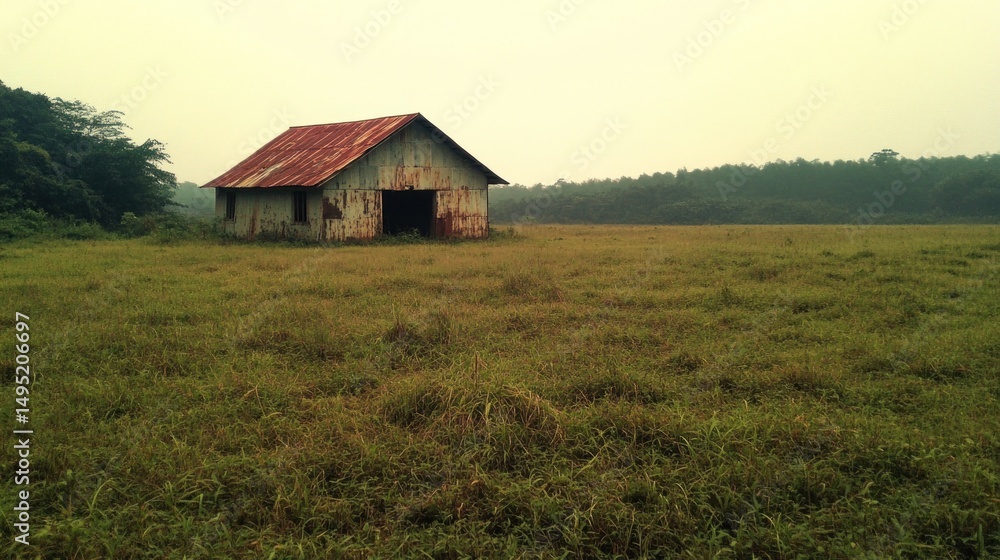 Rustic, weathered shed in a vast grassy field Rustic, weathered shed in a vast grassy field