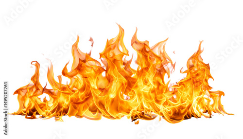 Fiery orange flames burning brightly isolated on white