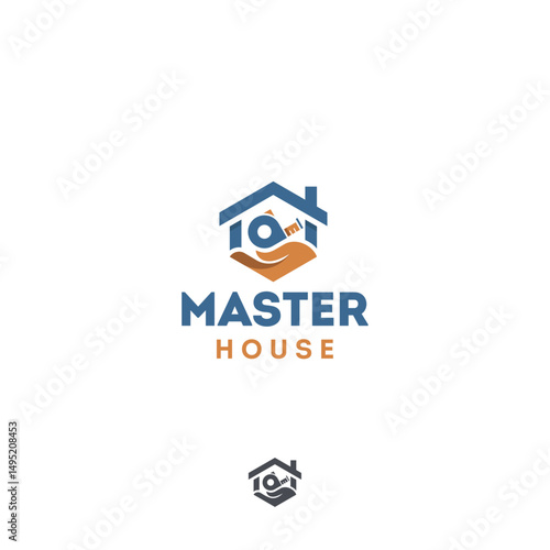 Master house builder repair tools tape measure hand vector logo