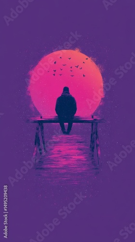 The scene depicts birds soaring through the sky, characterized by minimalist and retrofuturistic elements, bold lines, simple geometric shapes, and a nostalgic 70s poster aesthetic, while a person