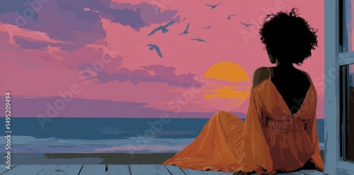In the scene, a person is seated in a chair, watching the sunset, while birds fly through a sky that epitomizes a blend of minimalist, retrofuturistic, and 70s poster style elements, including bold