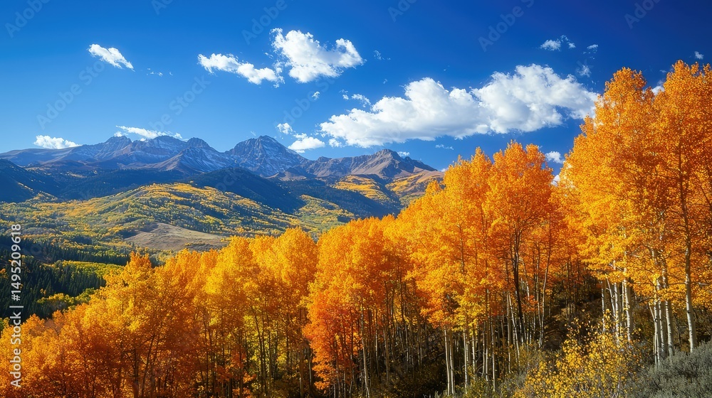 Fototapeta premium The fiery hues of fall stretching across a mountain range, with golden aspen trees standing out against the blue sky.