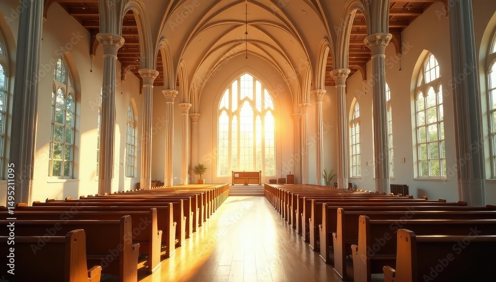 Fototapeta premium A modern church sanctuary, bathed in sunlight, showcasing architectural details and pews , grace, christianity, chapel