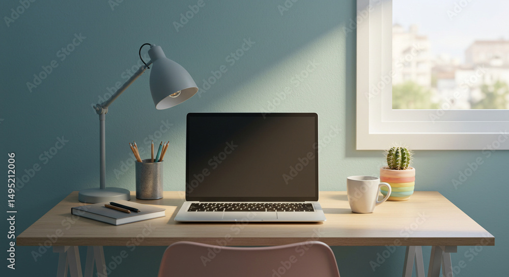 Modern Home Office Workspace Setup Laptop, Desk, and Natural Light Modern Home Office Workspace Setup Laptop, Desk, and Natural Light