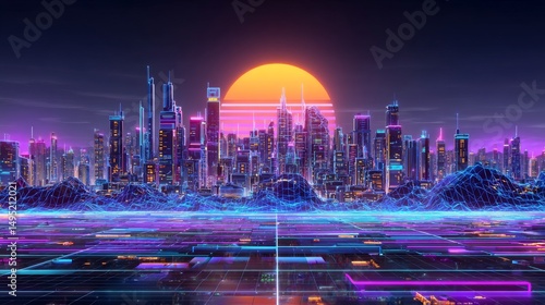 Retro Futuristic Cityscape at Sunset - 80s Synthwave Art’ can be described as a visual representation of a bygone era