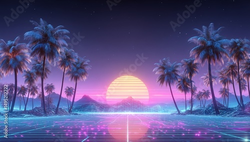 Vibrant cyberpunk design elements are brought together with a retro 80s synthwave neon sunset, a futuristic grid landscape, and the silhouette of a palm tree