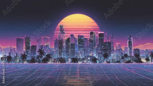 A cityscape at sunset with a retro futuristic theme, complete with neon accents and urban scenery
