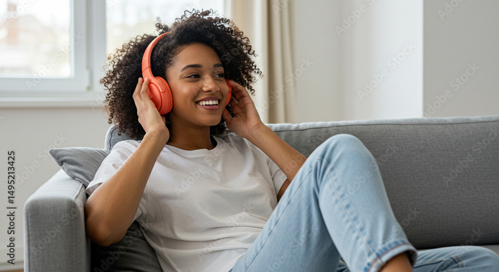 Smiling Woman Relaxing on Couch with Headphones, Enjoying Music at Home Smiling Woman Relaxing on Couch with Headphones, Enjoying Music at Home