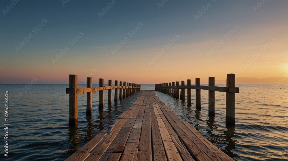 Wooden pier stretching into tranquil ocean, sunset sky casts a soft golden glow Wooden pier stretching into tranquil ocean, sunset sky casts a soft golden glow