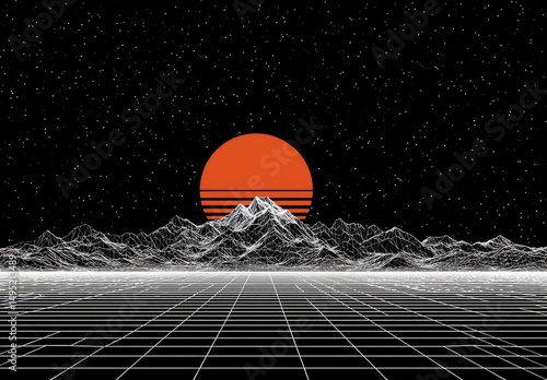 A retro futuristic landscape featuring mountains and a sun situated in the depths of space, reminiscent of 80s styled synthwave, with a sunrise unfolding over an alien planet