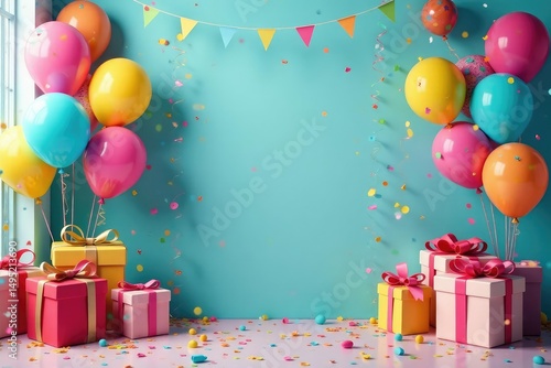 A vibrant birthday party scene with colorful balloons, streamers, and gifts , festive background, cheerful, happy background