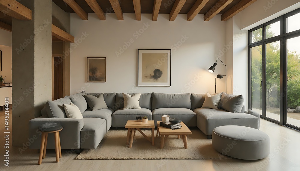 Fototapeta premium Gray Sectional Sofa with Wood Beams and Large Window