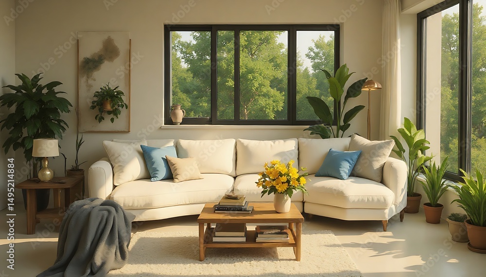 Naklejka premium Living Room Interior with Couch, Window and Plants