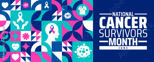 National Cancer Survivors Month Geometric shape pattern background banner or poster design template. observed every year in June. Holiday concept. Use to any Template, card, poster, placard, template.