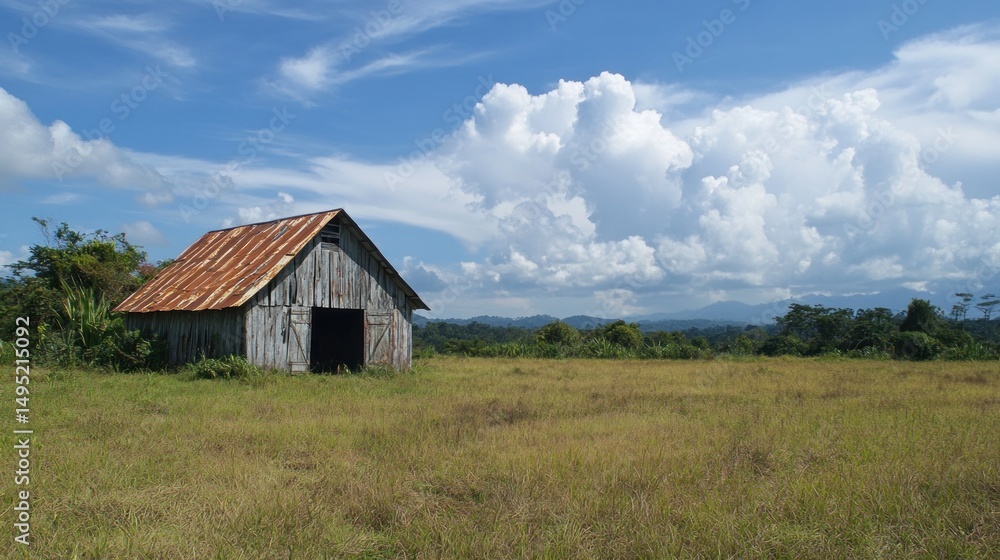 Rustic barn in a grassy field under a partly cloudy sky Rustic barn in a grassy field under a partly cloudy sky