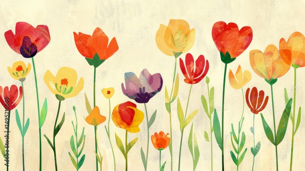 Fototapeta premium The image consists of three colorful panels filled with abstract, stylized floral designs in a playful, retro aesthetic