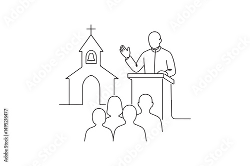 Easter Sunday Church Service Scene continuous one line drawing minimalism design
