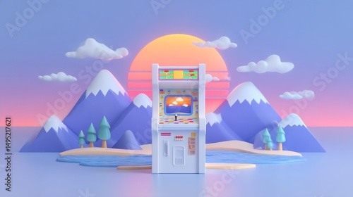 A vintage arcade game console is positioned on a beach covered in sand, with a mountain range in the distance and a massive, radiant sun dipping below the horizon