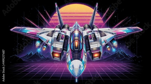 A low-poly fighter jet is illustrated in an 80s retro synthwave aesthetic, with a mountain range and sunset in the background