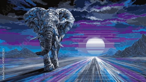 A digital landscape with an 80s nostalgic feel features a pixelated elephant silhouette set against a synthetic sunset of purple and pink hues
