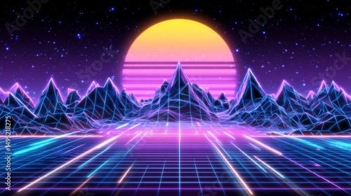 A vibrant sun and mountains are set amidst a retrofuturistic landscape, where a grid pattern covers a flat plane under a star-filled sky with pink and purple clouds
