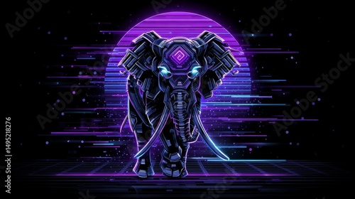 In a digital landscape filled with the nostalgic tones of the 80s, a synthetic sunset of purple and pink colors provides the setting for a pixelated elephant silhouette to traverse