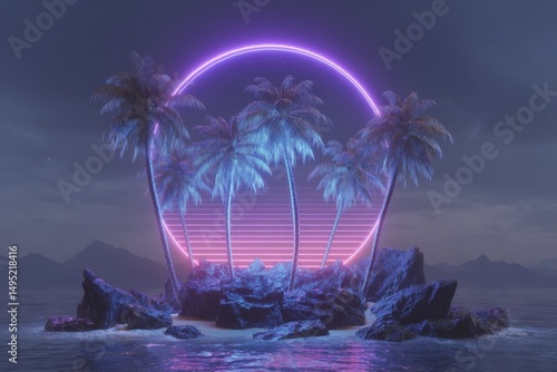Retro Synthwave Style inspires Nostalgic Vaporwave Popsicle Art of an 80s Beach Scene