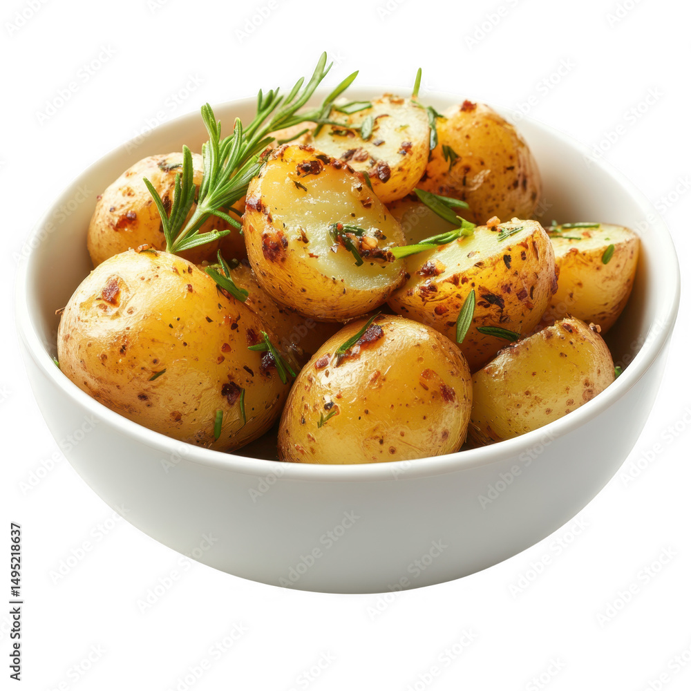 Bowl of roasted potatoes with rosemary isolated on transparent background Bowl of roasted potatoes with rosemary isolated on transparent background