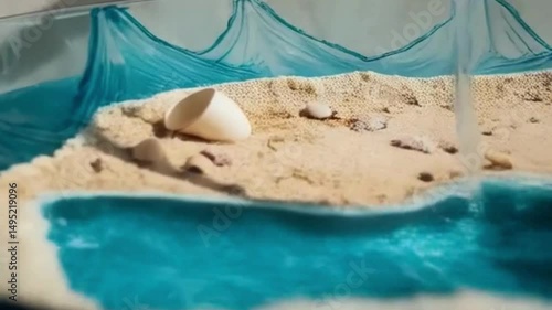 Water flows from the tap into a glass basin with sand and sea-like water.