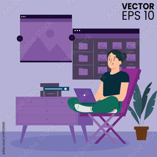 A man doing working on computer and laptop while sitting on chair.