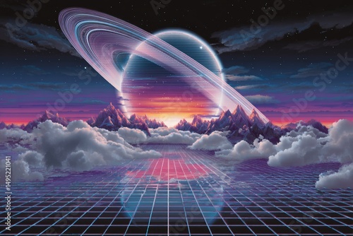 A retro-styled science fiction landscape featuring mountains, accompanied by a retro-futuristic illustration of an alien sun in a drawn style, created using stock